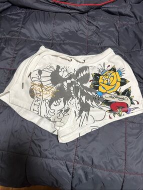 Ed Hardy White Athletic Shorts with Yellow Rose and Red Heart Graphic